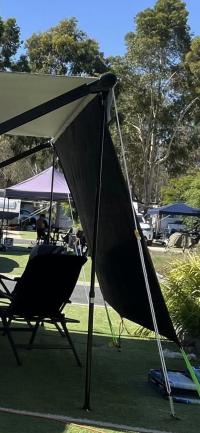 Photo by Mara From VIC. The plastic base plates supplied are proving to be ineffective and are prone to cracking when secured into the ground.. Jan 2026 - Aussie Traveller Electric Roll-Out Awning Cradle Support Kit with Poles - Black