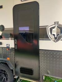 Photo by James From NSW. Feb 2026 - Aussie Traveller DC Caravan Door with Blind - 2 Radius Corners - 1750 x 622mm - Right-Hand Hinge - Black