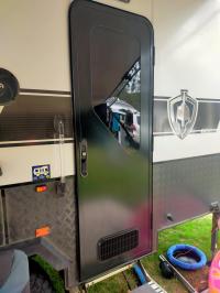 Photo by James From NSW. Feb 2026 - Aussie Traveller DC Caravan Door with Blind - 2 Radius Corners - 1750 x 622mm - Right-Hand Hinge - Black