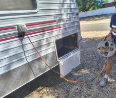 Photo by Anne. We have difficulty fitting our 20 metre caravan cord inside. It misses the last 2 metres.. Feb 2026 - Flat Out Compact Multi-Reel - Grey - Suits Extension Leads & Flat Hoses