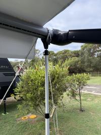 Photo by Eddy From NSW. I have not used the single guy rope supplied as I prefer a double system which is stronger and more stable. Mar 2026 - Aussie Traveller Electric Roll-Out Awning Cradle Support Kit with Poles - White