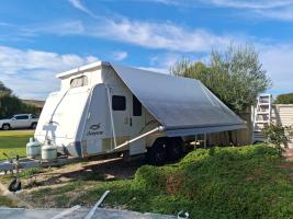 Photo by Jim From ACT. Jun 2026 - Carefree Fiesta Awning Fabric & Roller Assembly with LEDs - 14ft - Silver Shale Fade