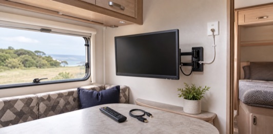 12V caravan TV mounted on a wall bracket with antenna cabling nearby