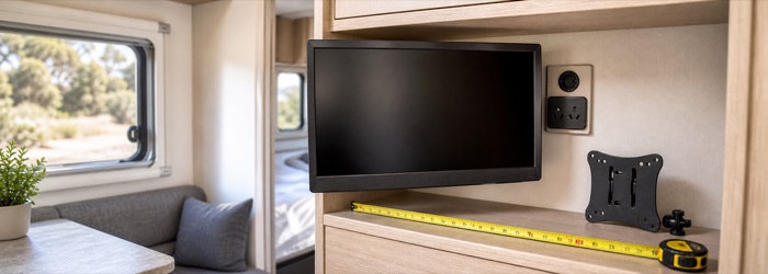12V caravan TV checked against power points and cabinet space