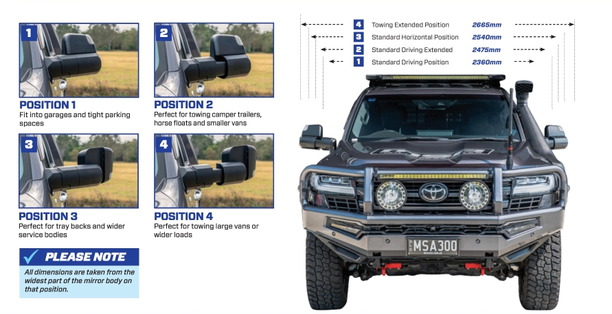 MSA replacement towing mirrors in different extension positions