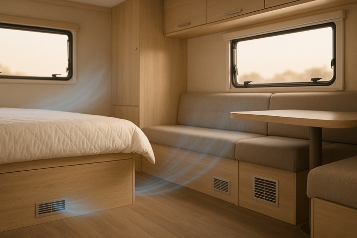 Under-bunk caravan air conditioning duct layout