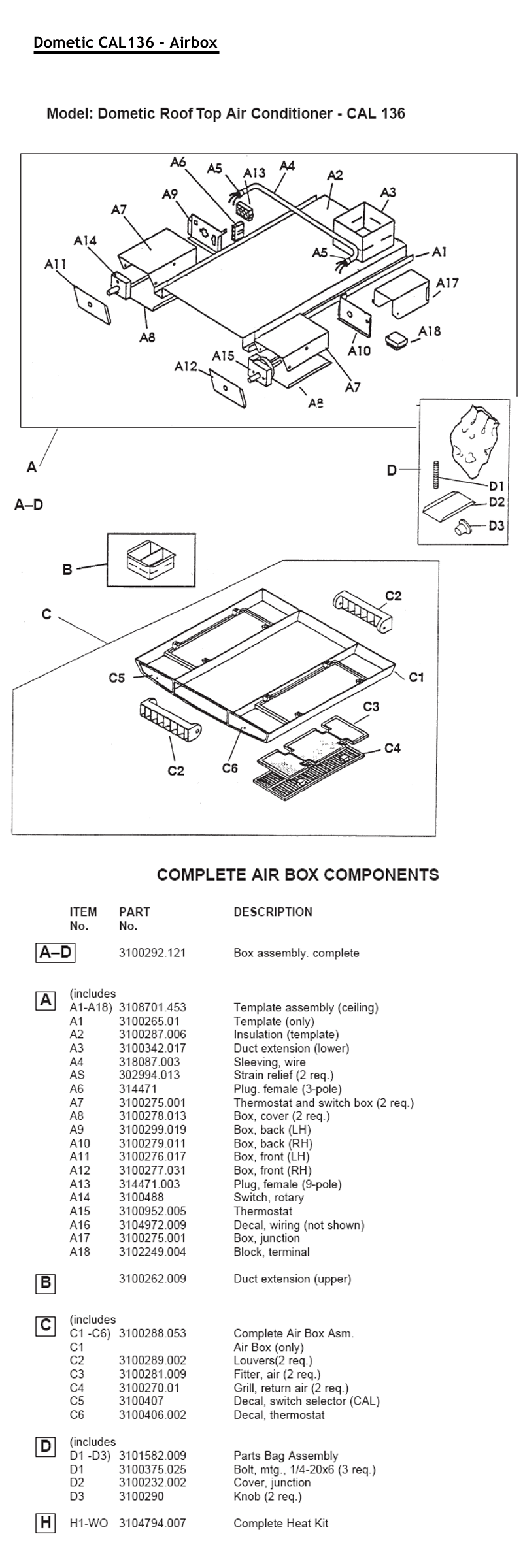 Spare Parts Diagram: Dometic CAL 136 - Roof Top Air Conditioner (2 of 3)