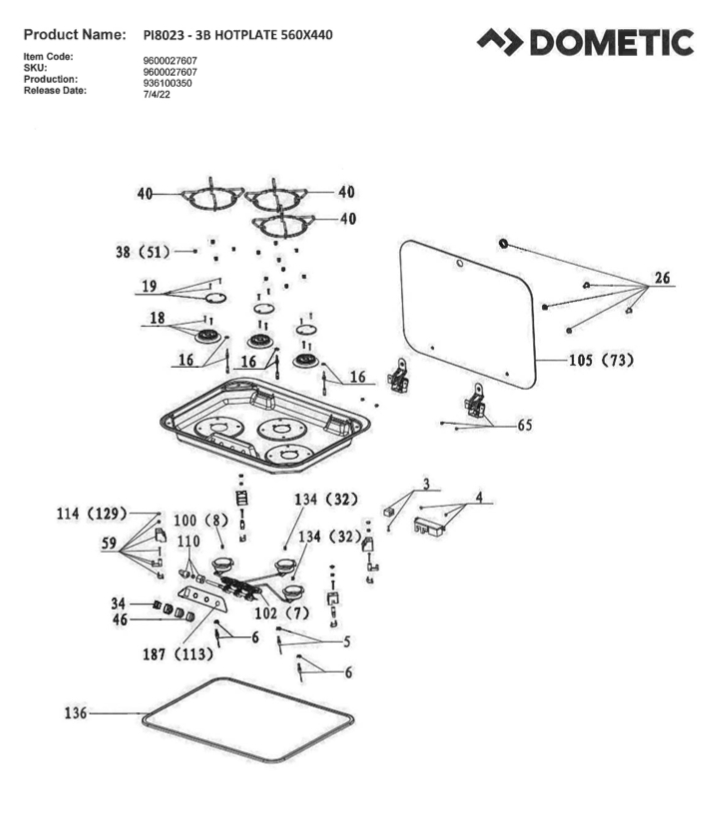Spare Part Diagram, Dometic PI8023, 3 Burner Cooktop