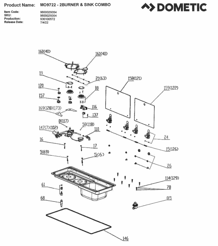 Spare Part Diagram, Dometic MO9722, 2 Burner & Sink Combo